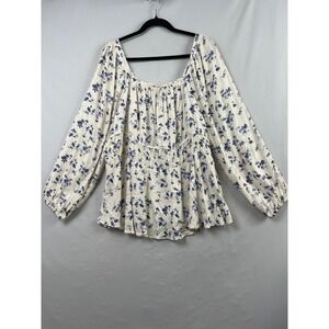 Torrid 3 Milkmaid Top Women 3X Ivory Blue Floral Smocked Waist Peasant